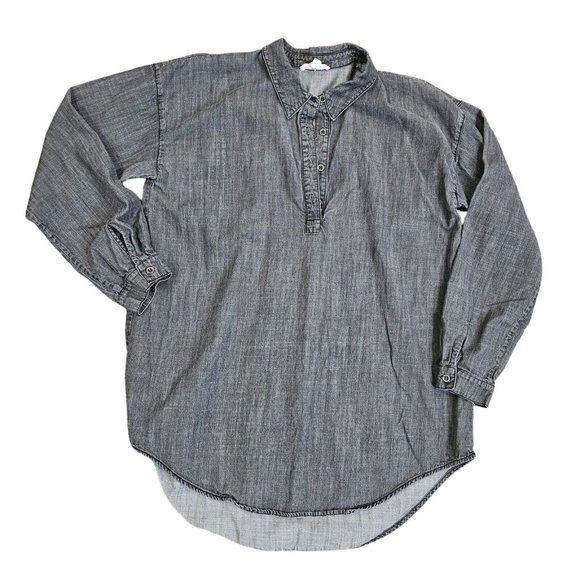 Eileen Fisher M Gray Chambray Denim Jean Popover Blouse Tunic Boho Tencel - Picture 1 of 9